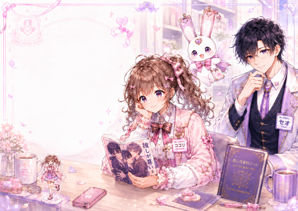 ココリが漫画を読みながら、セオとピピィと一緒に無理なく自分のペースで推し活を楽しむ様子を描いたイラスト