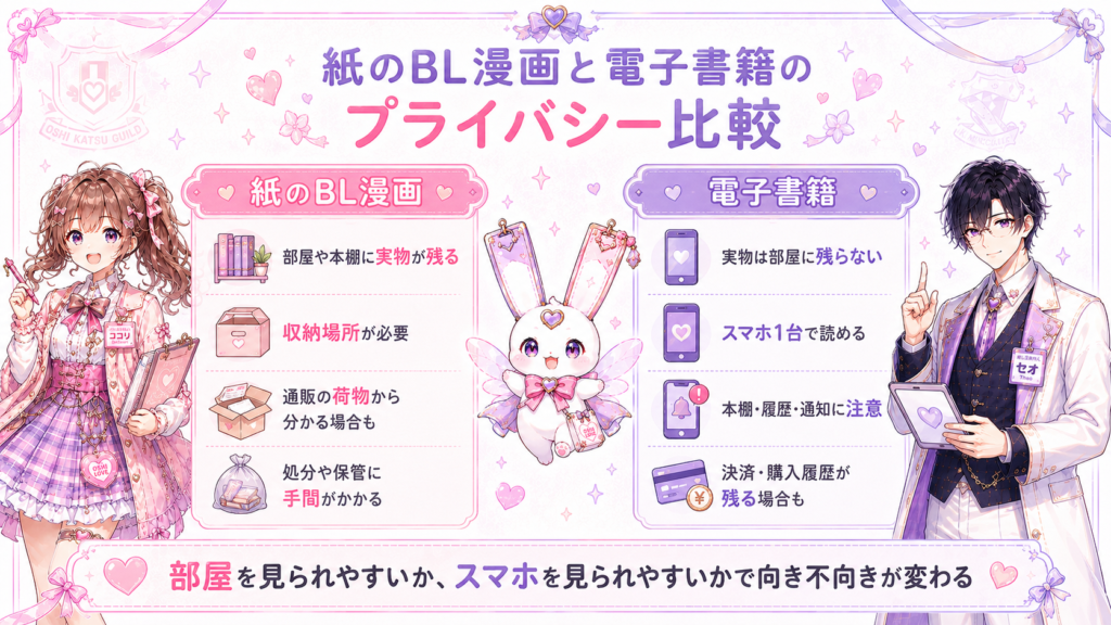 紙のBL漫画と電子書籍を実物の有無、本棚、通知、購入履歴などプライバシー面で比較した図解
