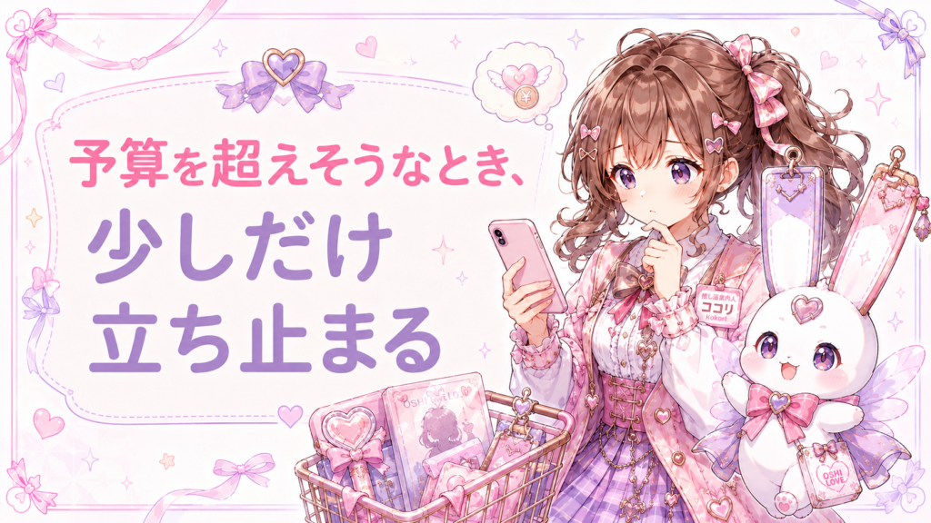 ココリが推し活グッズを買う前にスマホで予算を確認しているイラスト