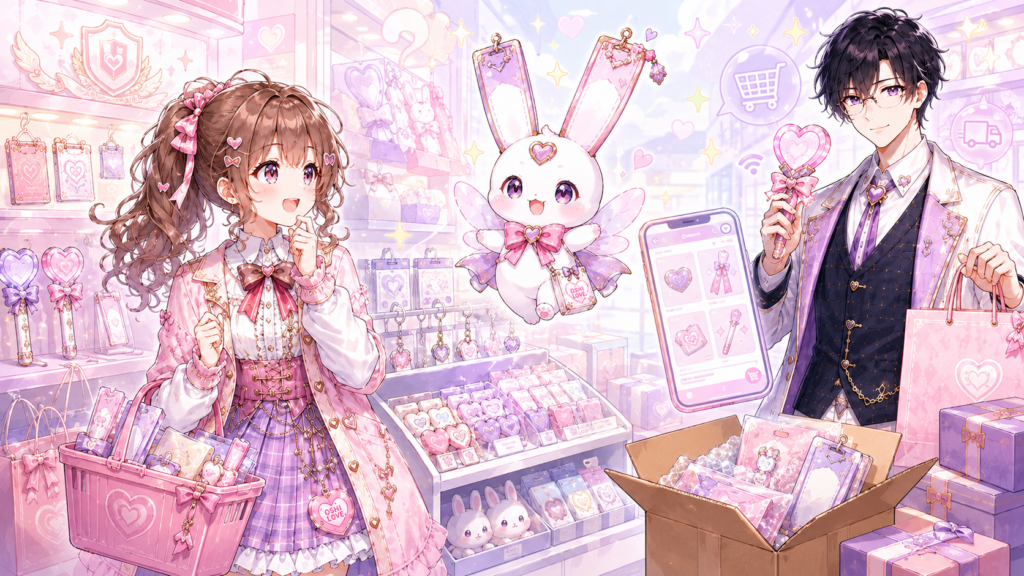 ココリとセオとピピィが店舗やオンラインショップで推し活グッズを安全に選んでいる様子
