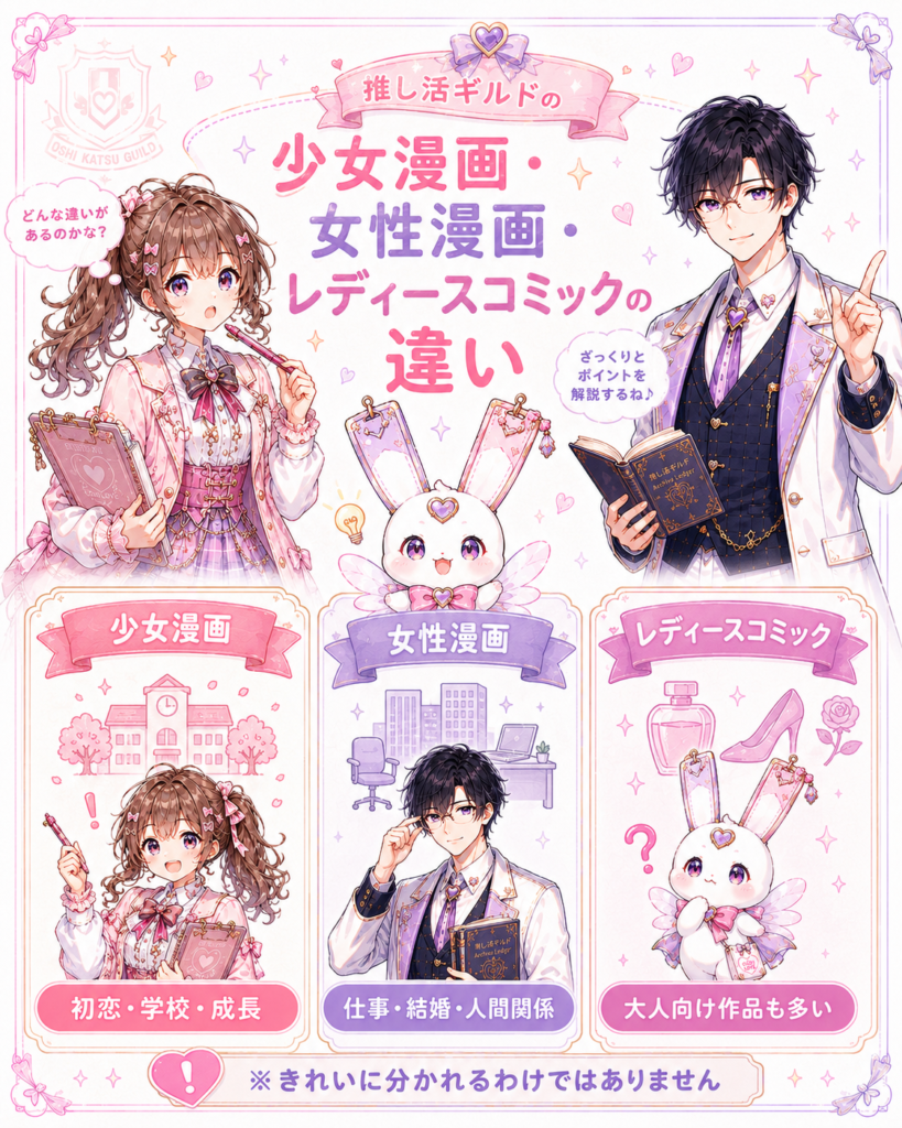 少女漫画・女性漫画・レディースコミックの大まかな特徴や描かれやすいテーマの違いを比較した図解