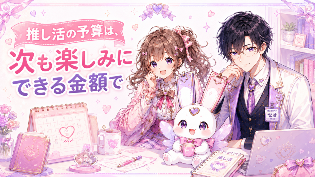 ココリとセオとピピィが次のイベントを楽しみにしながら推し活予算を考えているイラスト