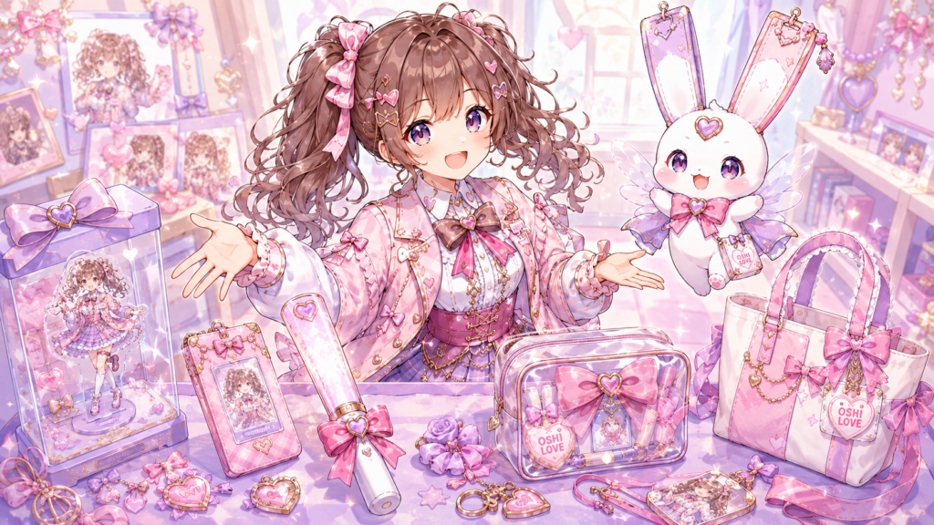 ココリとピピィがアクスタケースや推し活バッグなどさまざまな推し活グッズを紹介している様子