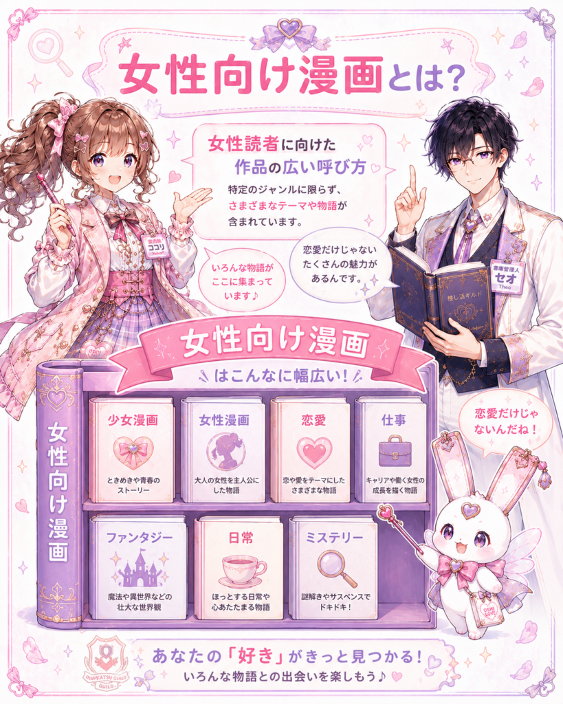 女性向け漫画には少女漫画や女性漫画、恋愛、仕事、ファンタジー、日常、ミステリーなど幅広い作品が含まれることを紹介する図解