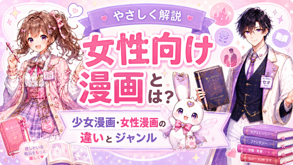 ココリ・セオ・ピピィと一緒に女性向け漫画とは何か、少女漫画や女性漫画との違いと主なジャンルを紹介するアイキャッチ画像