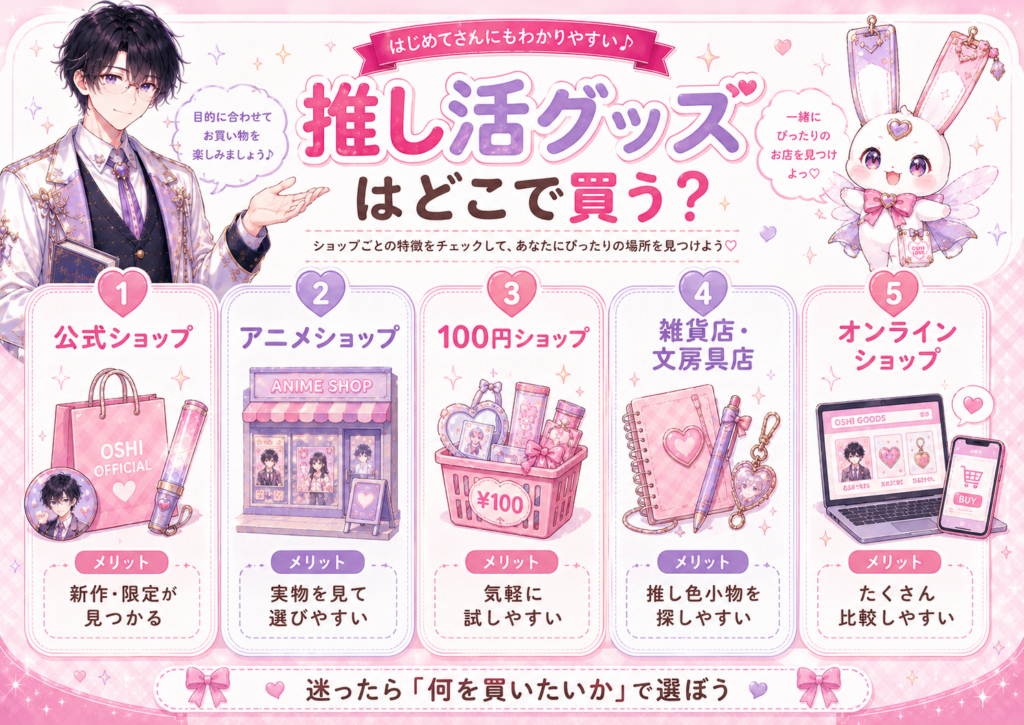 公式ショップ・アニメショップ・100円ショップ・雑貨店・オンラインショップの特徴を比較した図解