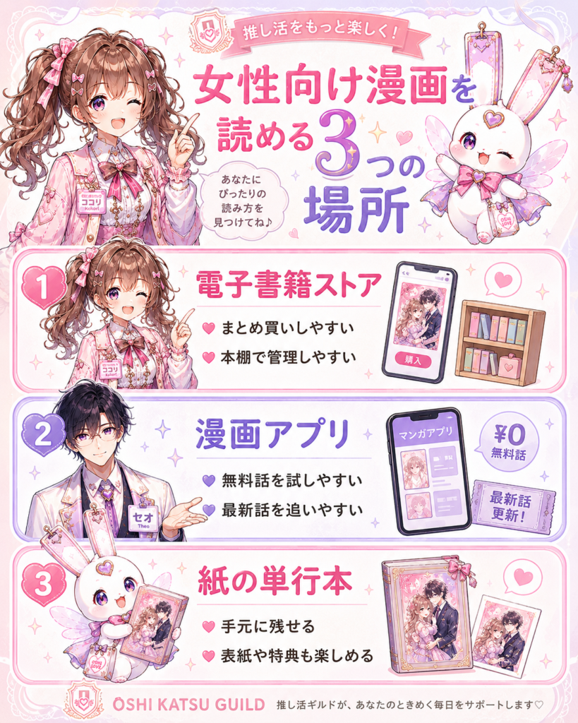 女性向け漫画を読める場所として電子書籍ストア・漫画アプリ・紙の単行本の3つを紹介する図解