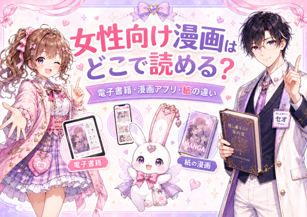 ココリ・セオ・ピピィと一緒に女性向け漫画を読める電子書籍・漫画アプリ・紙の違いを紹介するアイキャッチ画像
