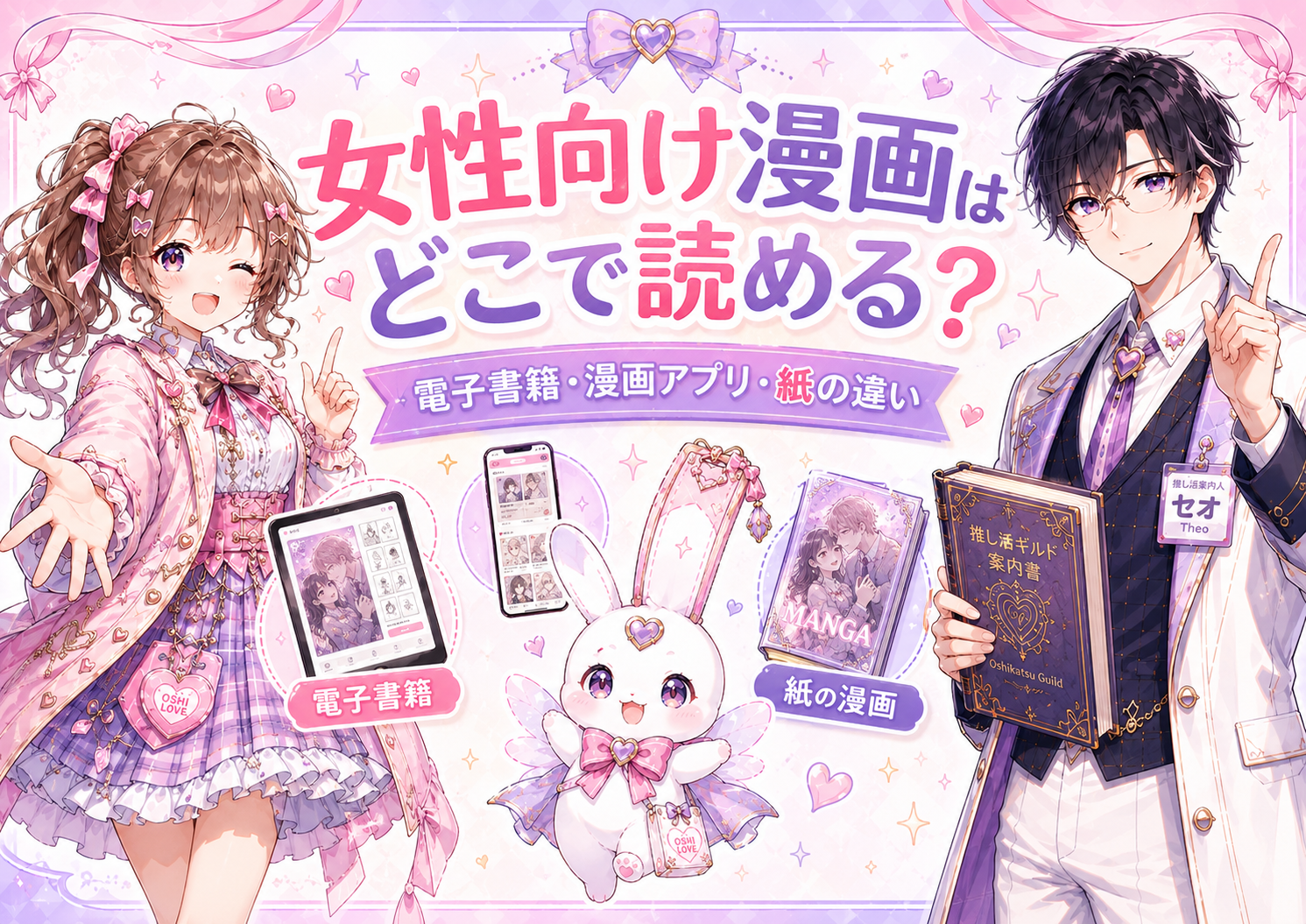 ココリ・セオ・ピピィと一緒に女性向け漫画を読める電子書籍・漫画アプリ・紙の違いを紹介するアイキャッチ画像