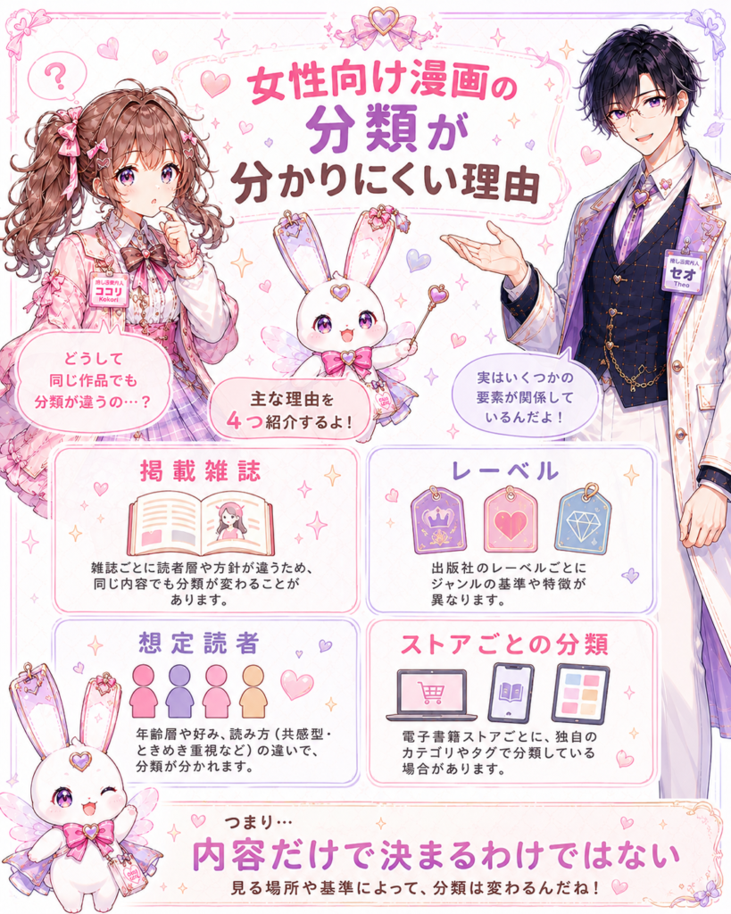 女性向け漫画の分類には掲載雑誌、レーベル、想定読者、電子書籍ストアごとの基準が関係することを解説した図解
