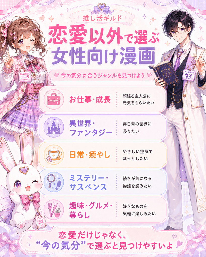 お仕事漫画やヒューマンドラマ、異世界、グルメ、日常、ミステリーなど恋愛以外の女性向け漫画を紹介する図解