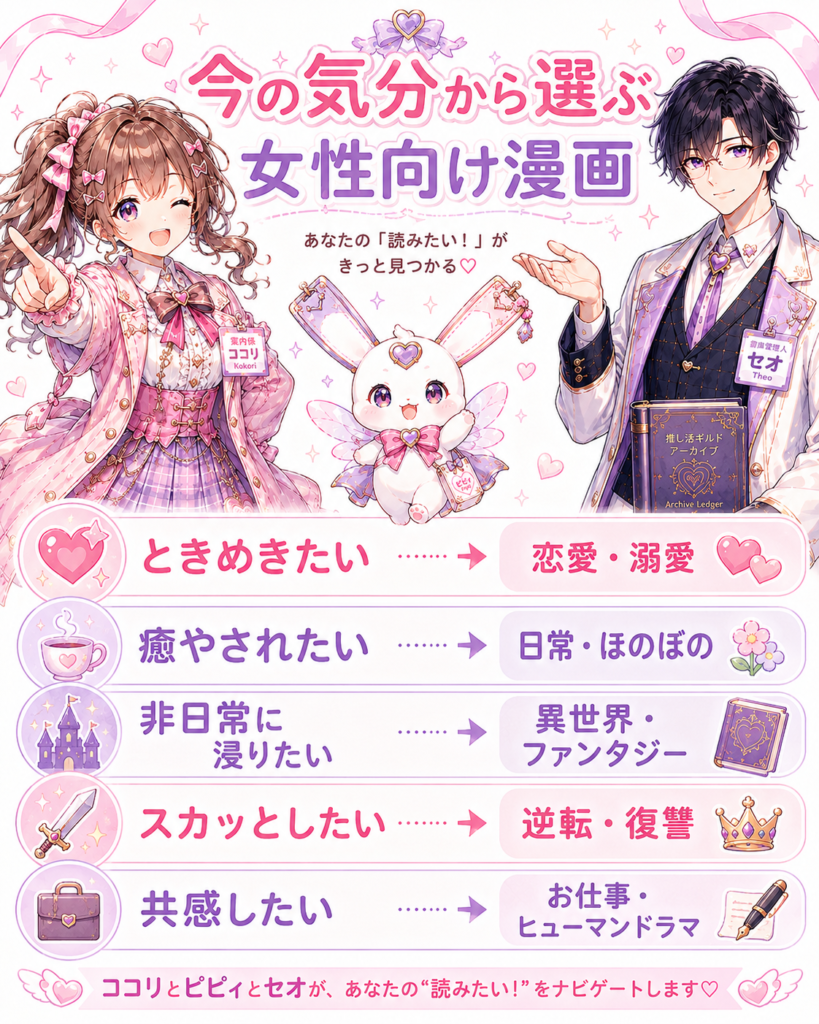 ときめきたい、癒やされたい、非日常に浸りたいなど、今の気分から女性向け漫画のジャンルを選ぶ図解