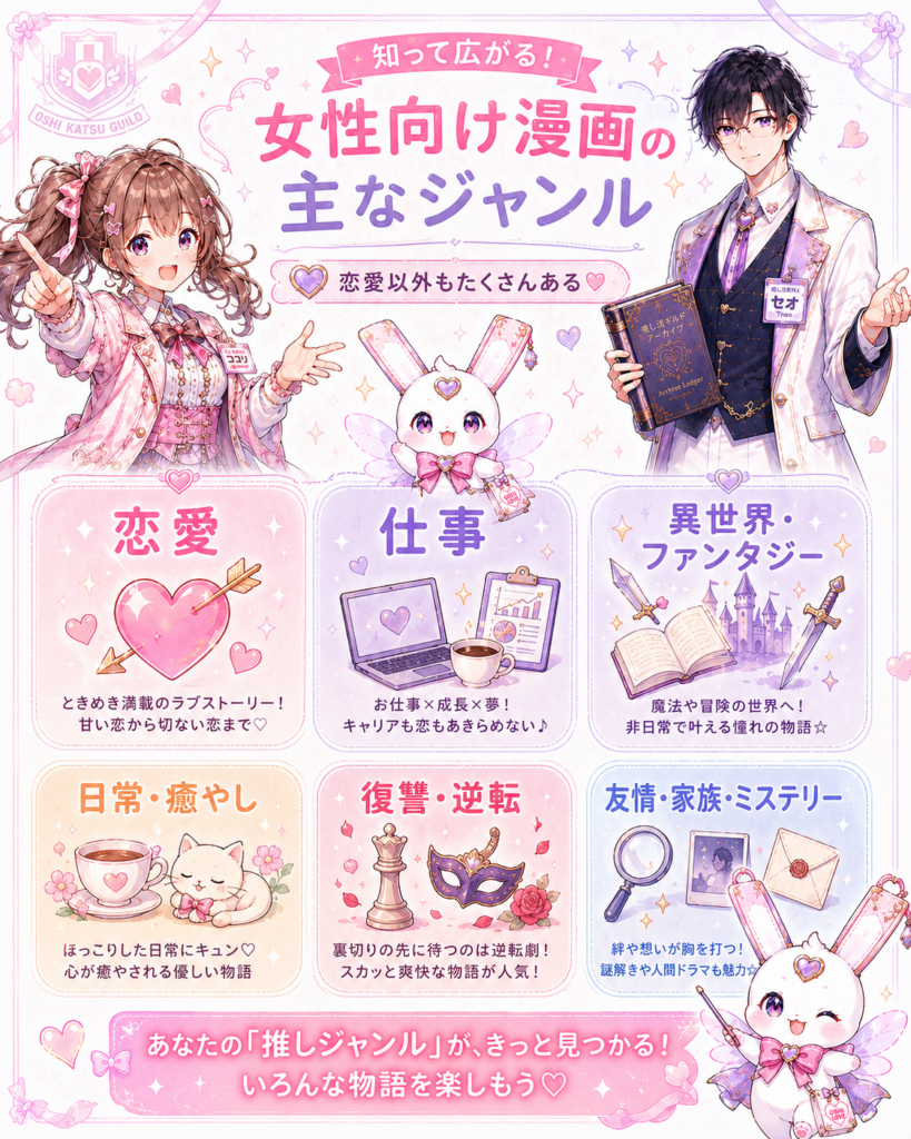 女性向け漫画の主なジャンルとして恋愛、仕事、異世界ファンタジー、日常・癒やし、復讐・逆転、友情・家族・ミステリーを紹介する図解