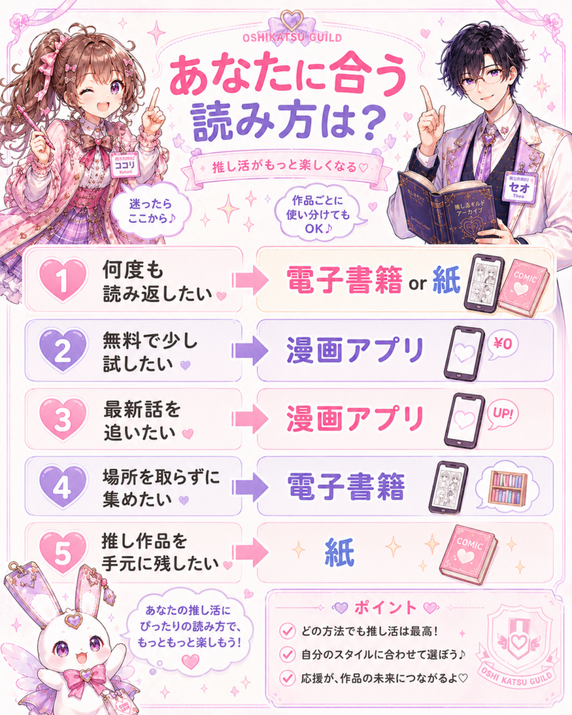 読み返したい、無料で試したい、最新話を追いたい、手元に残したいなど目的別に女性向け漫画の読み方を選ぶ図解