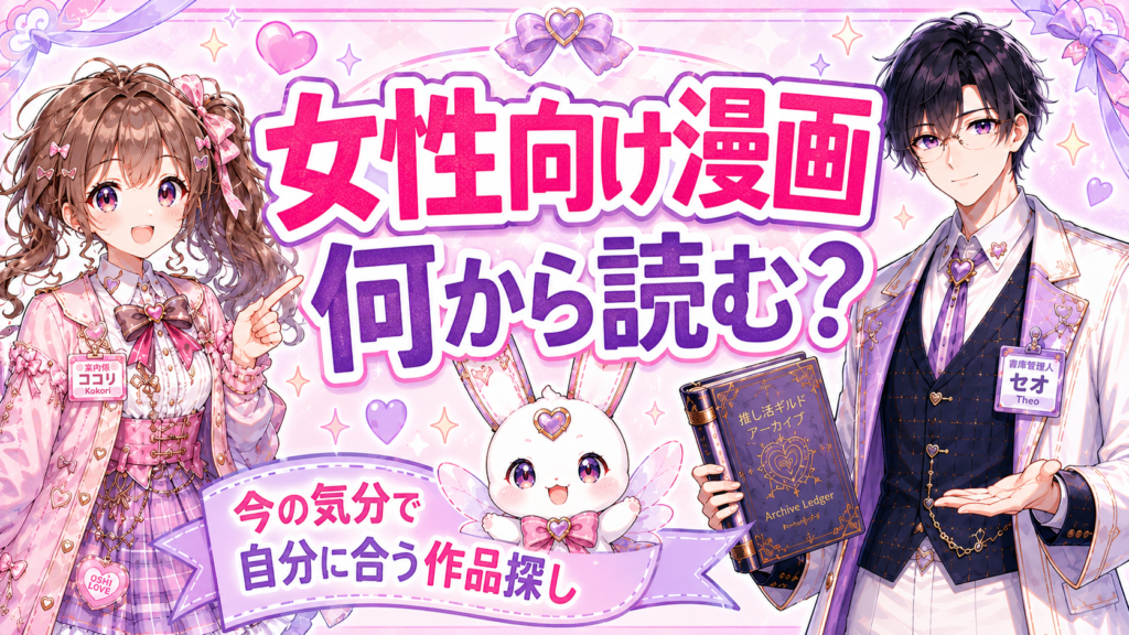 ココリ・セオ・ピピィと一緒に今の気分から自分に合う女性向け漫画を探す方法を紹介するアイキャッチ画像