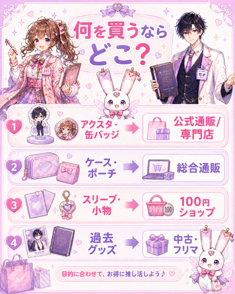 アクスタケース、スリーブ、収納ボックスなど推し活アイテムごとのおすすめ購入先をまとめた図解