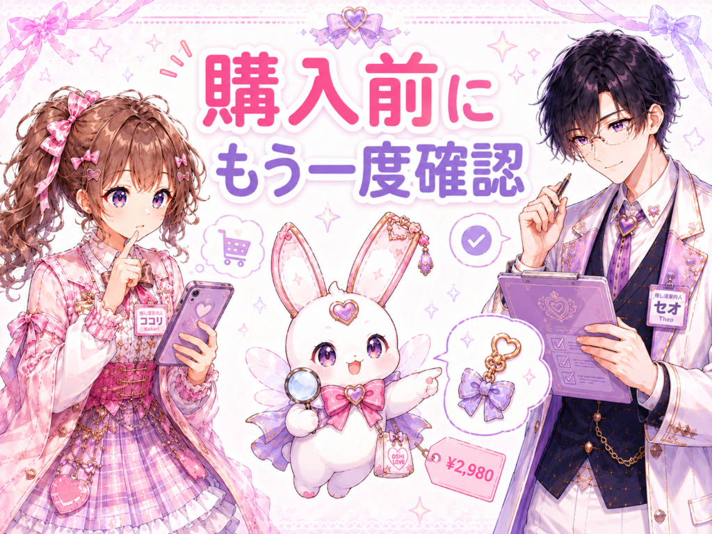 ココリ、セオ、ピピィが中古の推しグッズを購入する前に写真や説明、価格を確認しているH2画像