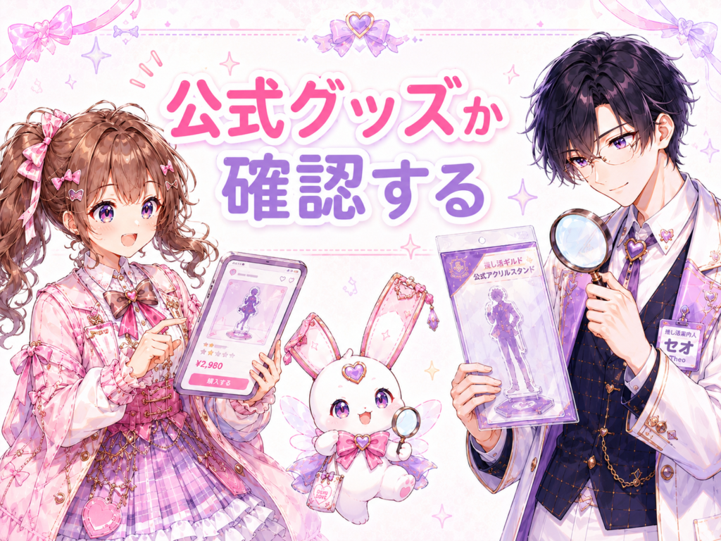 ココリ、セオ、ピピィが中古の推しグッズについて公式商品かどうかを確認しているH2画像