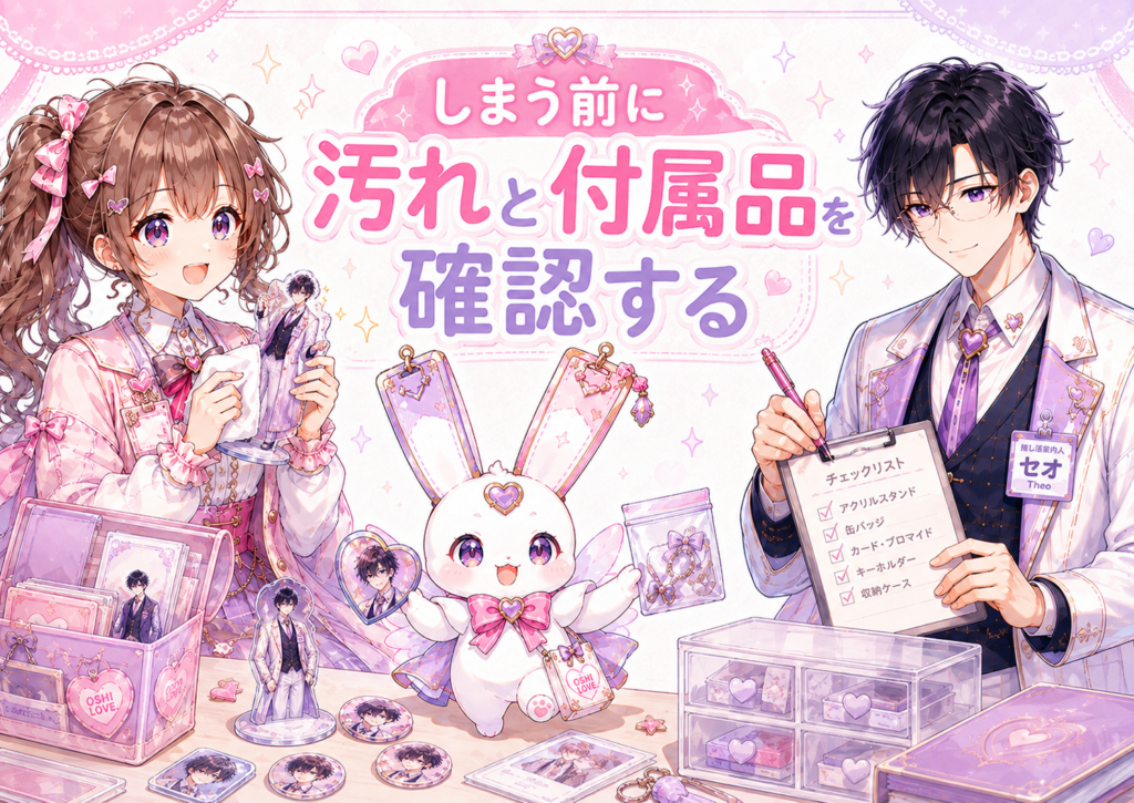 ココリ、ピピィ、セオが推しグッズを収納する前に汚れや付属品を確認しているイラスト