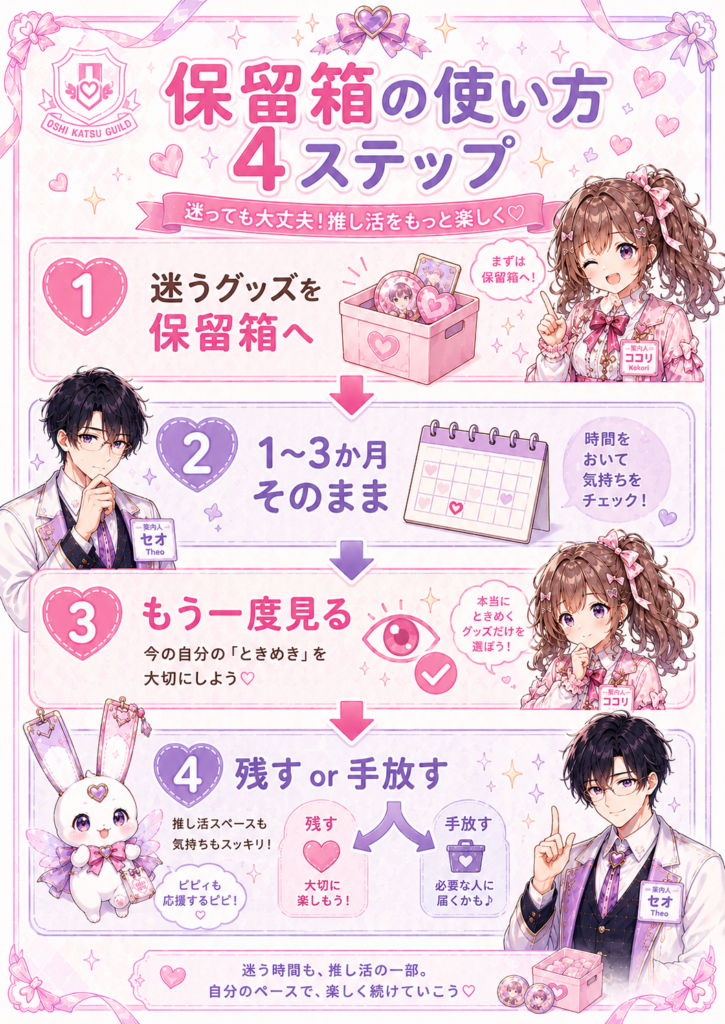 今も好き、飾りたい、持ち歩きたい、思い出が強い、手に入りにくいという推しグッズを残す判断ポイントの図解