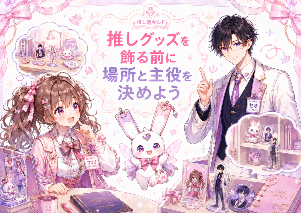 ココリ、セオ、ピピィが推しグッズを飾る場所と主役を考えているイラスト