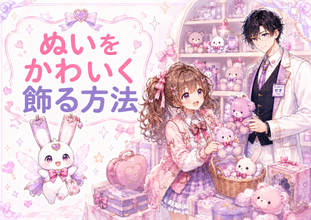 ココリとセオがかごや棚を使ってぬいをかわいく飾っているイラスト