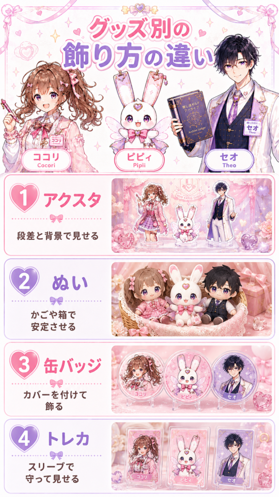 アクスタ、ぬい、缶バッジ、トレカの飾り方の違いをまとめた図解