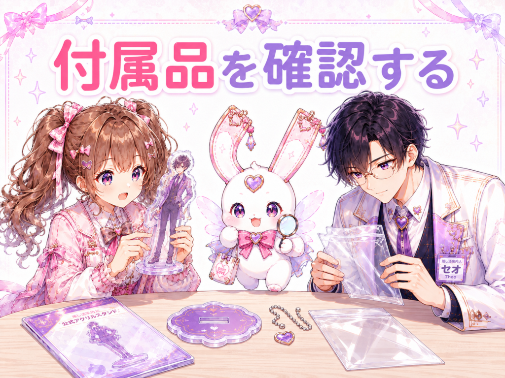 ココリ、セオ、ピピィが中古アクスタの台座や外袋などの付属品を確認しているH2画像