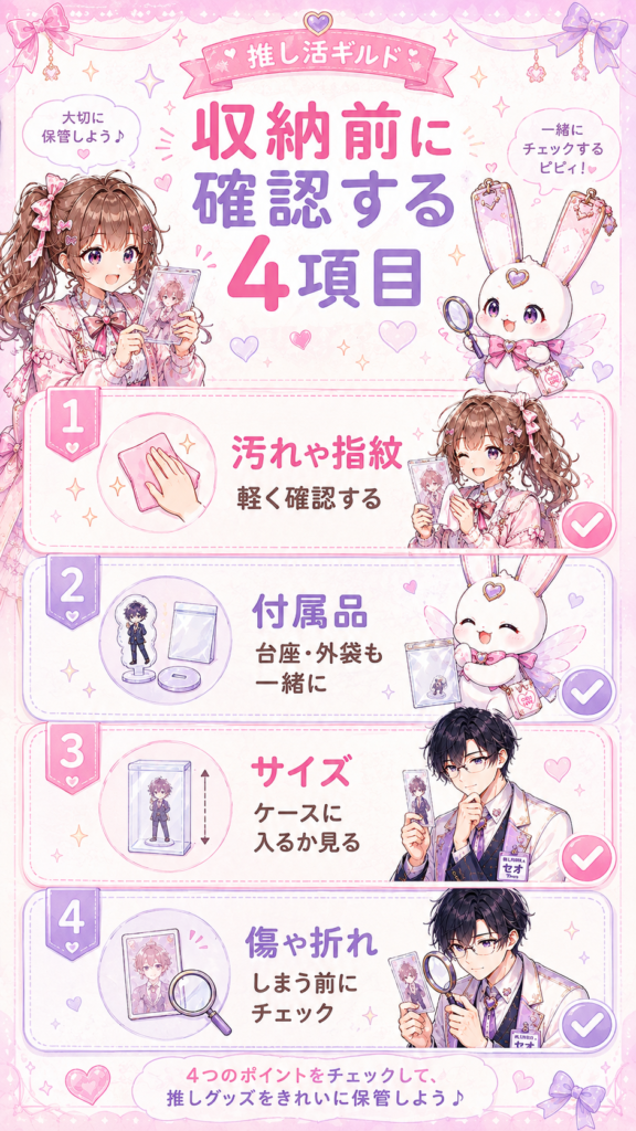 汚れや指紋、付属品、サイズ、傷や折れなど推しグッズの収納前に確認する4項目をまとめた図解