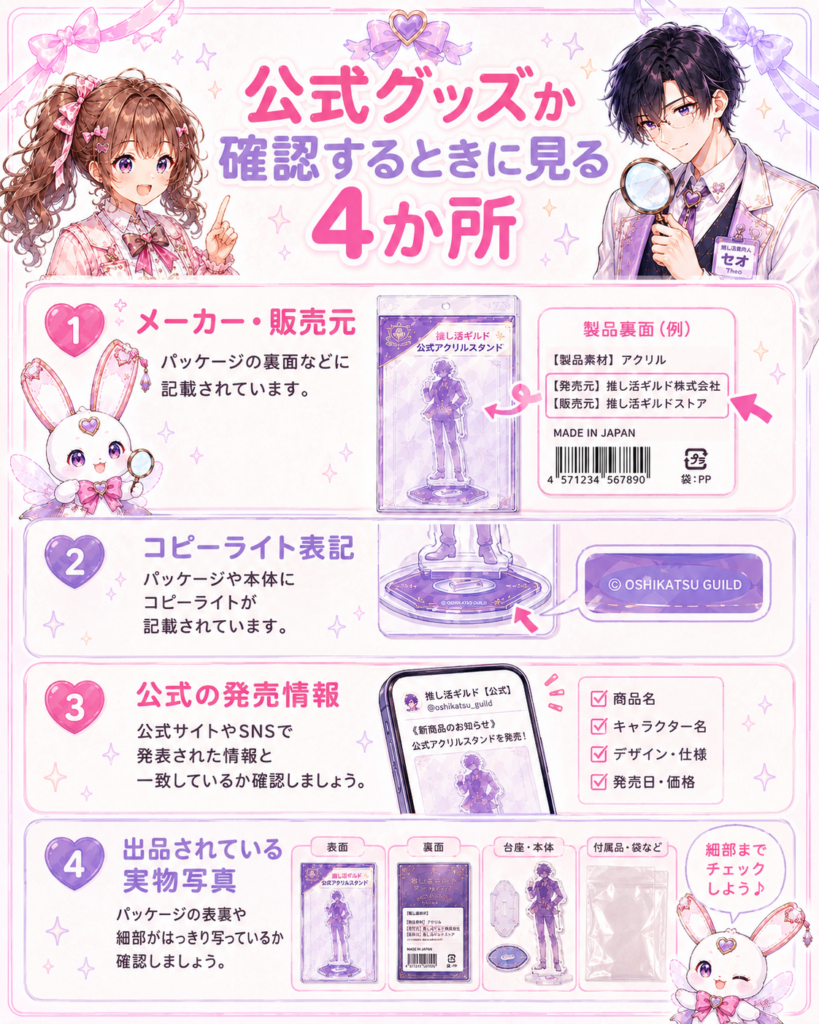 メーカーや販売元、コピーライト表記、公式の発売情報、実物写真から公式グッズか確認する方法をまとめた図解