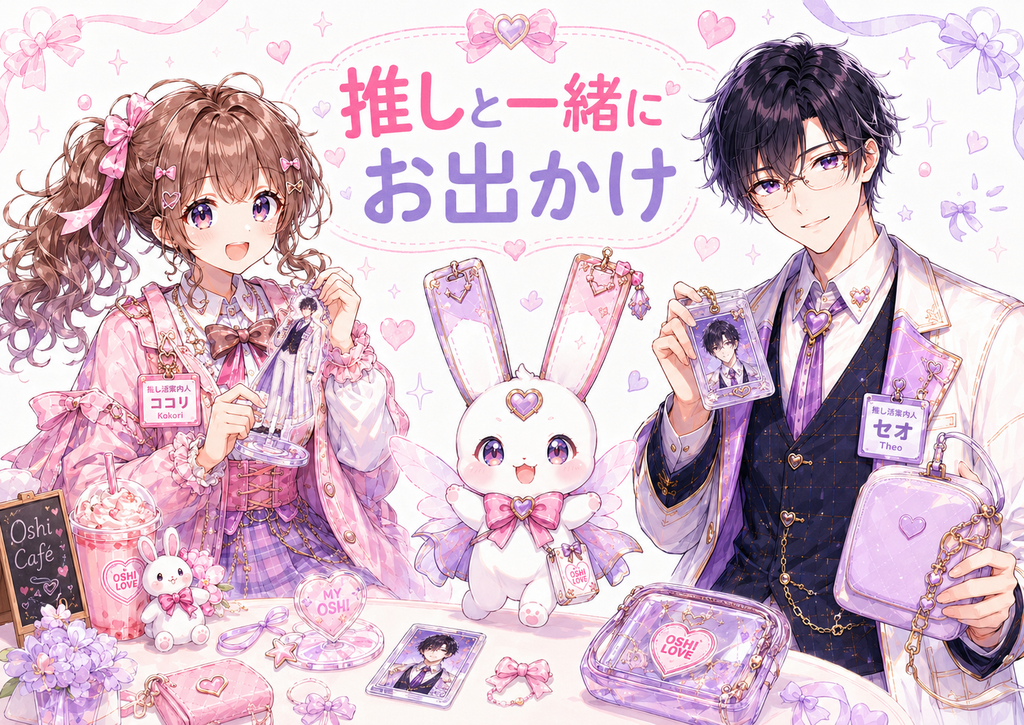 ココリ、セオ、ピピィがアクスタやトレカなどの推しグッズを持ってお出かけするイメージのH2画像