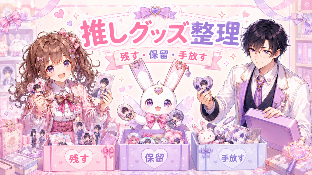 増えすぎた推しグッズを残す・保留・手放すに分けて整理する方法を紹介する記事のアイキャッチ画像