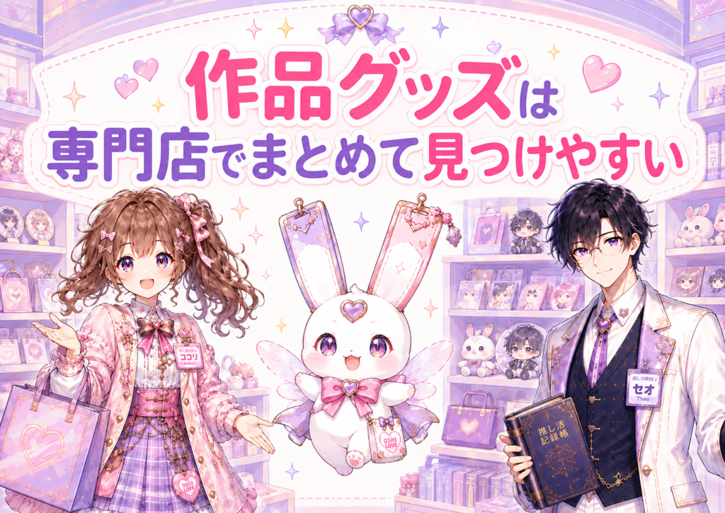 新作や限定の推し活グッズを公式通販で探すイメージをココリ、セオ、ピピィで表現したH2画像