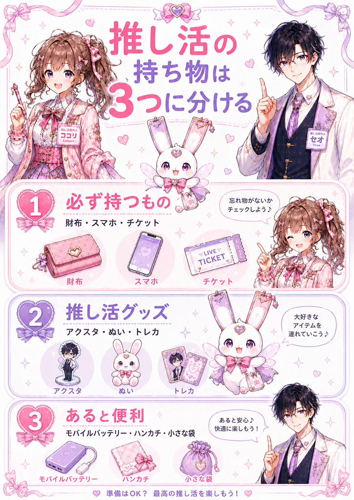 推し活の持ち物を必ず持つもの・推し活グッズ・あると便利なものの3つに分けて紹介する図解