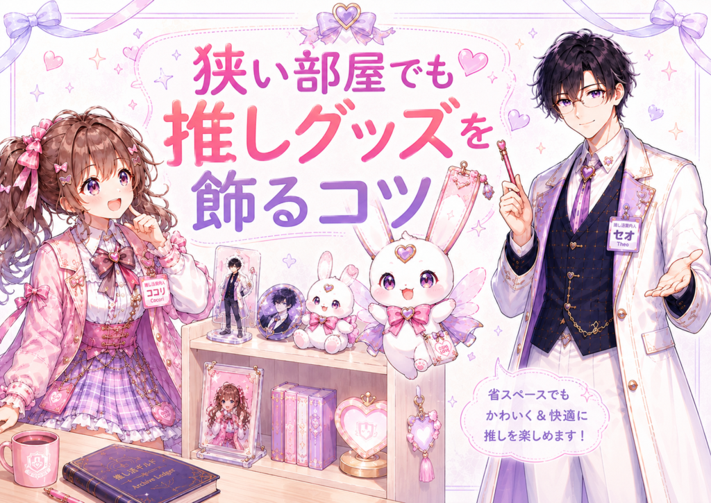 ココリ、セオ、ピピィが狭い部屋の小さなスペースに推しグッズを飾っているイラスト