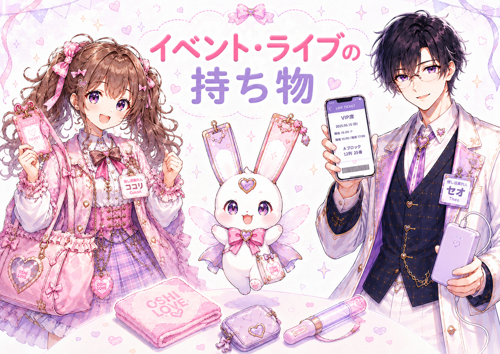 ココリ、セオ、ピピィがチケットやスマホ、モバイルバッテリーなどイベントやライブの持ち物を準備しているH2画像