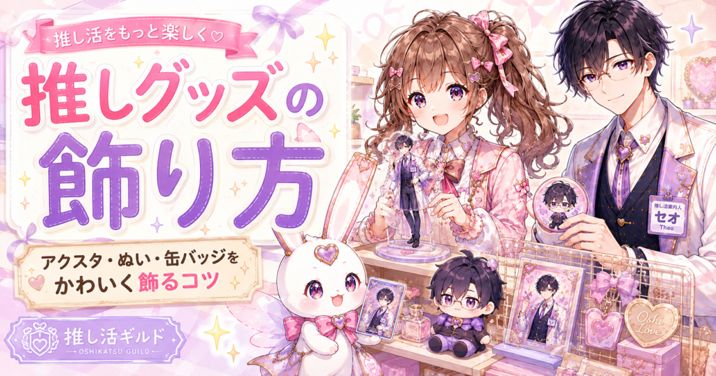 アクスタ・ぬい・缶バッジなどの推しグッズをかわいく飾るコツを紹介する記事のサムネイル画像