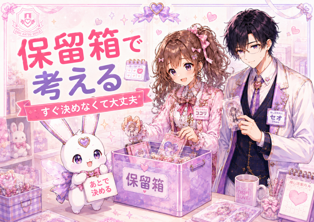 すぐに手放すか決められない推しグッズを保留箱に入れて考えるココリ、セオ、ピピィのH2画像