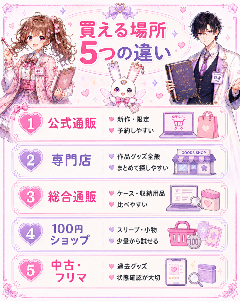 公式通販、専門店、総合通販、100円ショップ、中古ショップの違いを比較した推し活グッズ購入先の図解