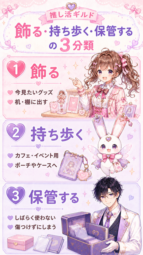 推しグッズを飾る・持ち歩く・保管するの3つに分ける方法をココリ、ピピィ、セオが紹介する図解