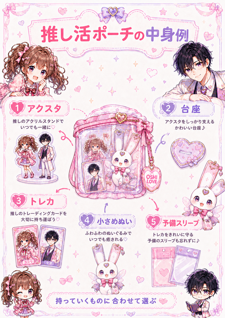 推し活ポーチに入れるアクスタ、台座、トレカ、小さめのぬい、予備スリーブの中身例を紹介する図解