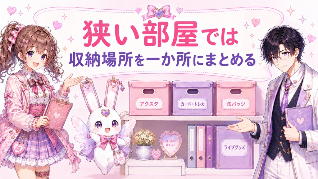 ココリ、ピピィ、セオが狭い部屋の棚一か所に推しグッズの収納ケースをまとめているイラスト