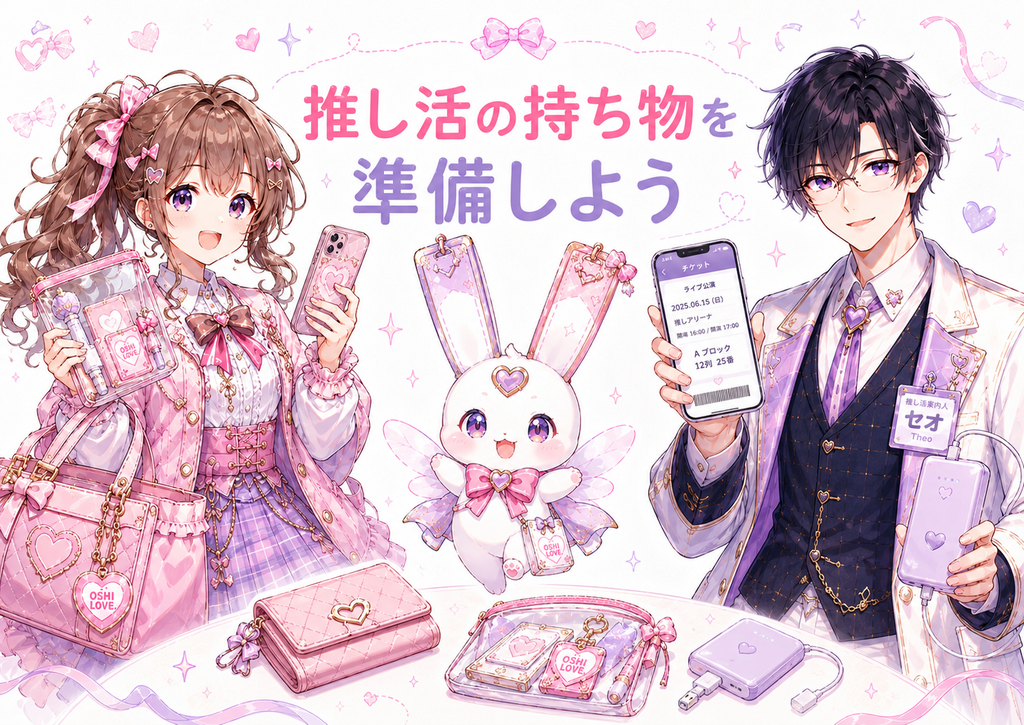 ココリ、セオ、ピピィがスマホやチケット、モバイルバッテリーなど推し活の持ち物を準備しているH2画像