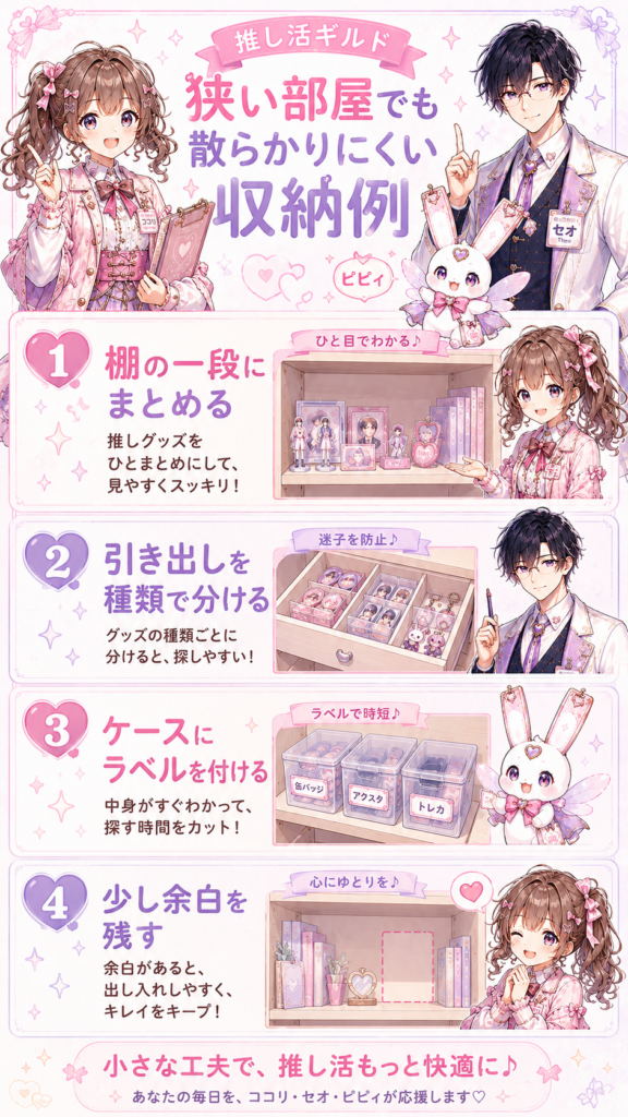 棚の一段や引き出し、ラベル、収納の余白を活用して推しグッズを散らかりにくくする方法をまとめた図解