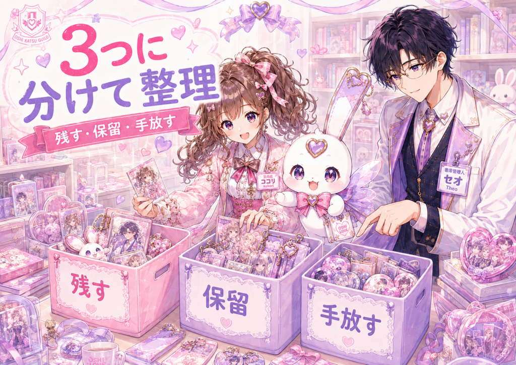 ココリ、セオ、ピピィが推しグッズを残す・保留・手放すの3つに分けて整理しているH2画像