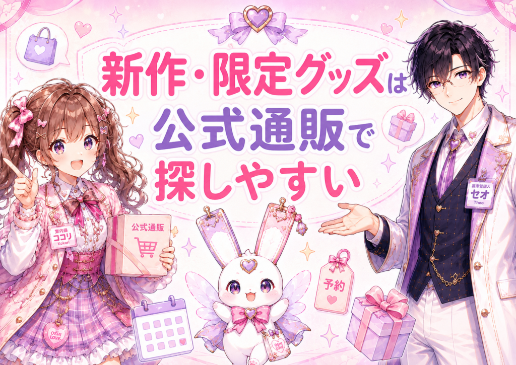 アクスタや缶バッジなど作品グッズを専門店でまとめて探す様子を描いたH2画像