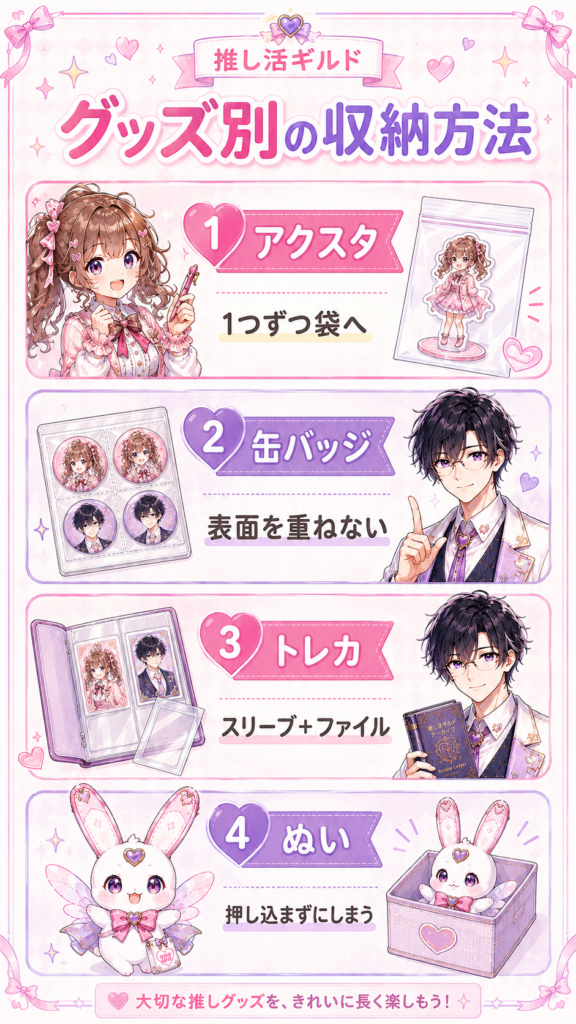 アクスタ、缶バッジ、トレカ、ぬいを傷つけずにしまう収納方法をグッズ別にまとめた図解