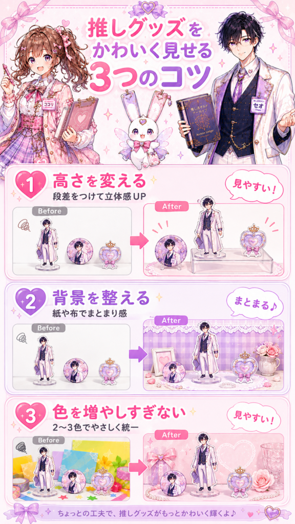 高さ、背景、色を工夫して推しグッズをかわいく見せる3つのコツを比較した図解