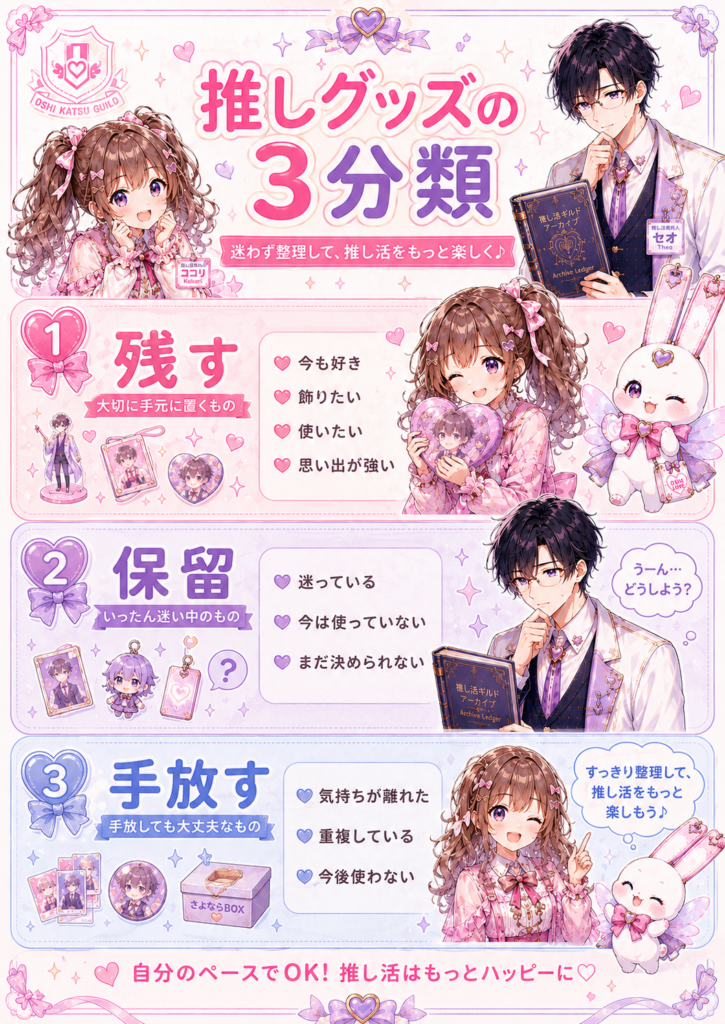 増えた推しグッズを残す・保留・手放すの3つに分ける整理方法をまとめた図解