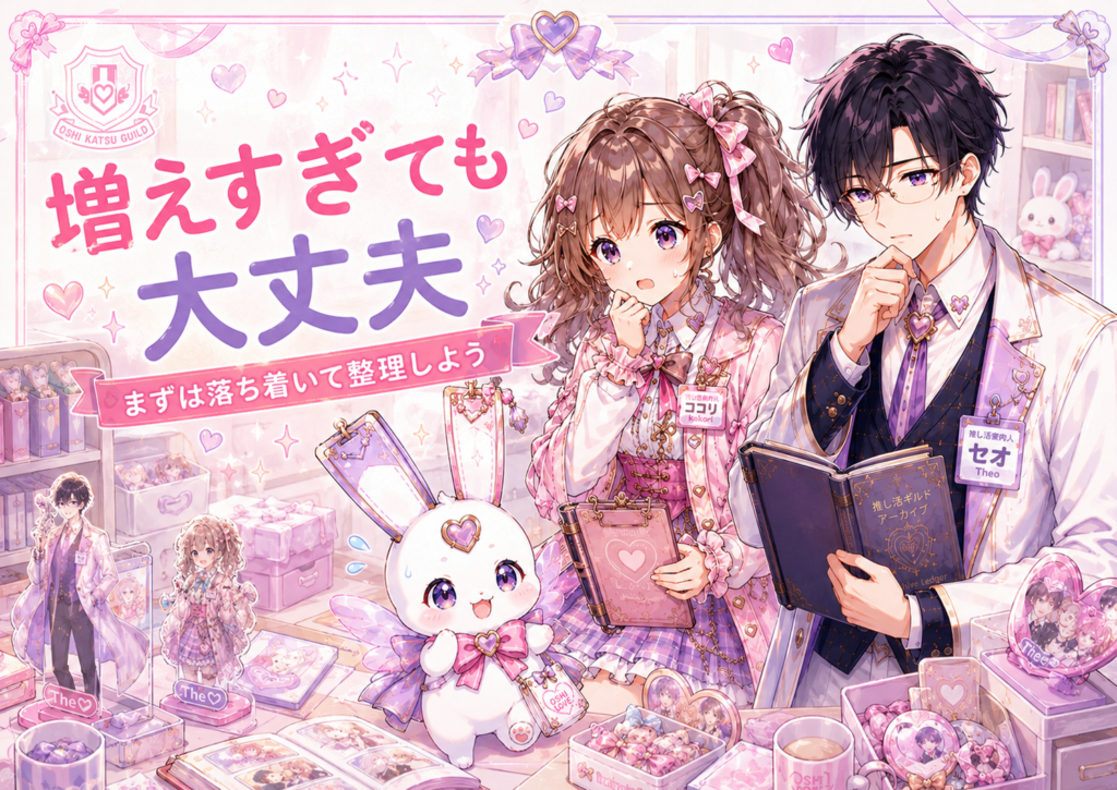 増えすぎた推しグッズを前にココリ、セオ、ピピィが落ち着いて整理方法を考えているH2画像